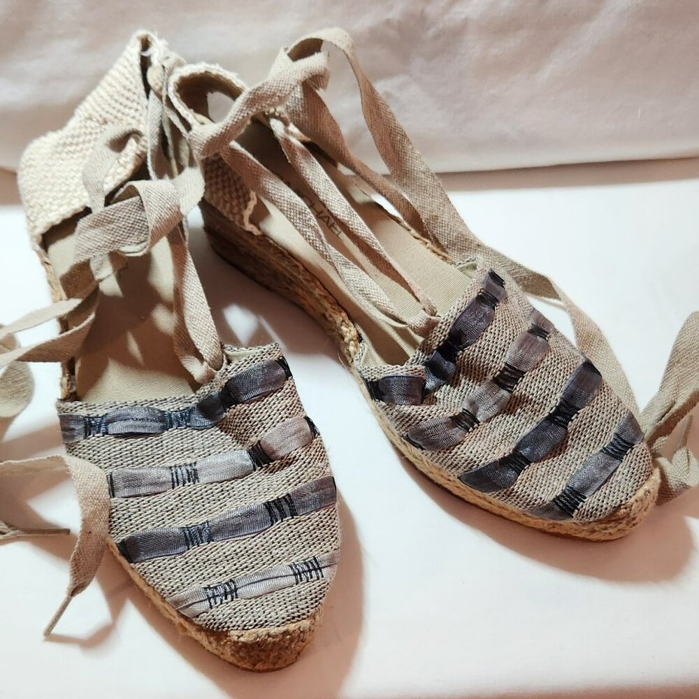 Eric Michael espadrilles sz 36 gray woven ankle wrap GUC